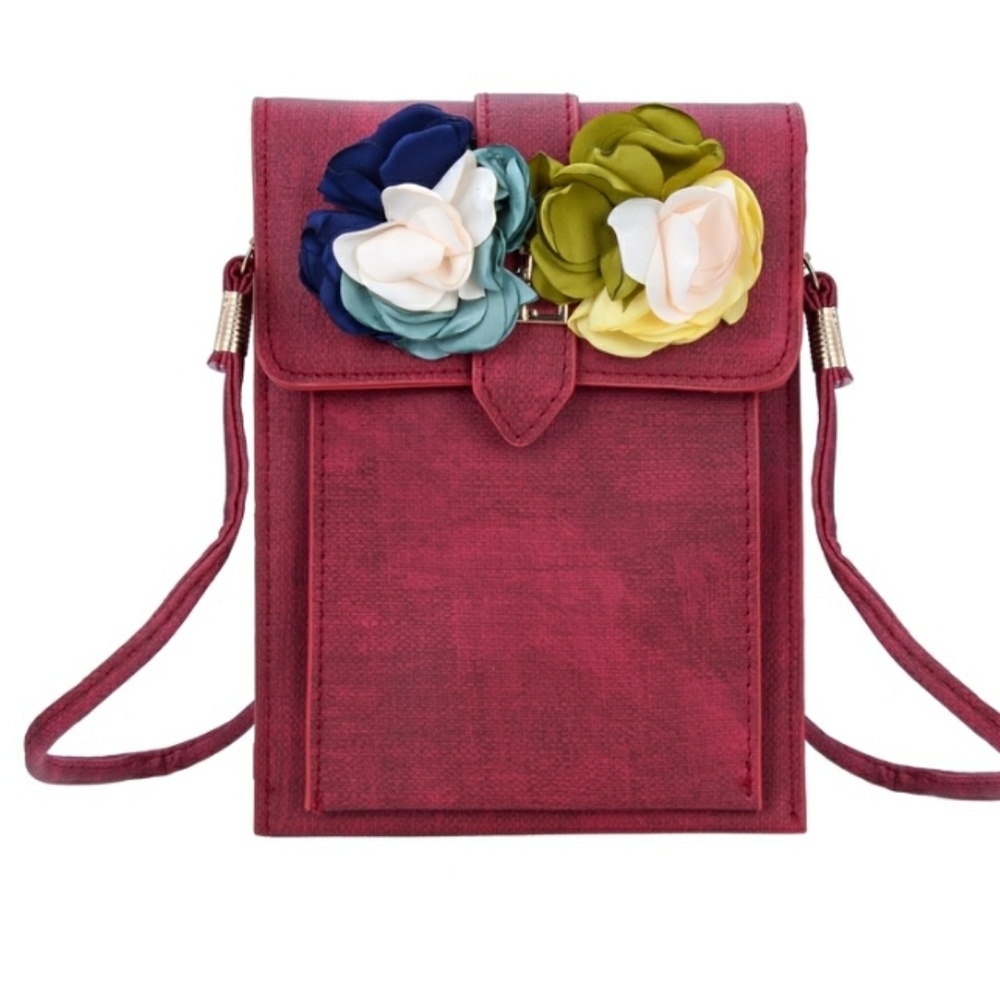 Red Flowe Leatherette  Buckle Handbag